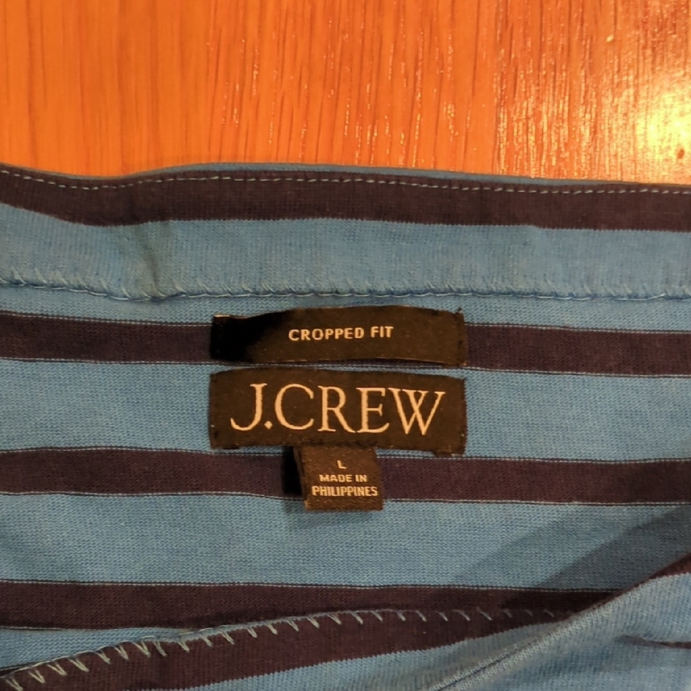 J. Crew  Preppy Nautical Coastal Beach Large cropped boat neck Blue Stripe Top - Picture 3 of 7